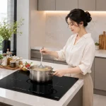 Người dùng nấu ăn bằng bếp điện Hafele trong căn bếp hiện đại với mặt kính cao cấp và bảng điều khiển cảm ứng.