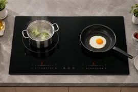 Bếp điện từ đôi gồm một vùng cảm ứng từ và một vùng hồng ngoại trong căn bếp hiện đại