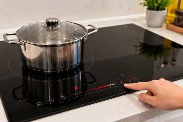 Người dùng thao tác trên bảng điều khiển cảm ứng của bếp điện từ hiện đại