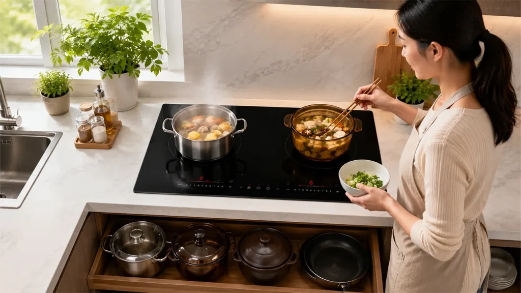 Gia đình sử dụng bếp điện từ đôi với nồi inox và nồi thủy tinh cùng lúc