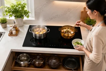 Gia đình sử dụng bếp điện từ đôi với nồi inox và nồi thủy tinh cùng lúc