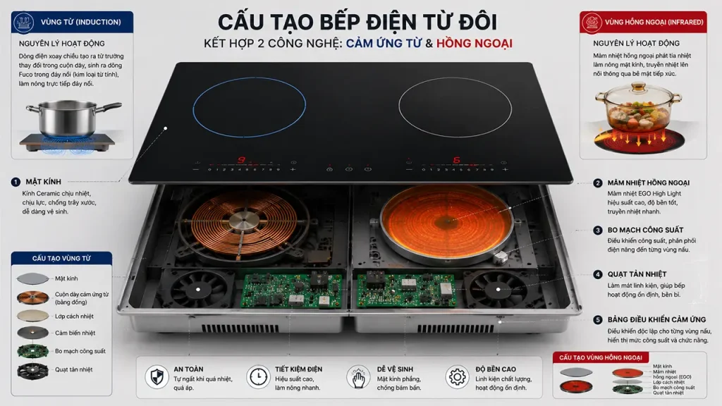 Cấu tạo bếp điện từ đôi với vùng từ và vùng hồng ngoại trên cùng mặt kính