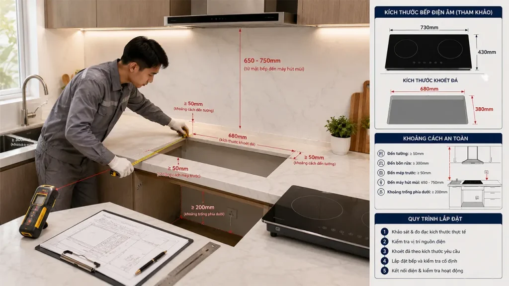 Kỹ thuật viên đo kích thước mặt bàn bếp trước khi lắp đặt bếp điện âm