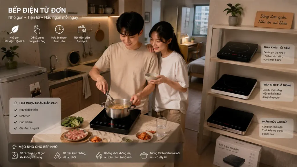 Người độc thân nấu ăn bằng bếp điện từ đơn trong căn hộ nhỏ hiện đại
