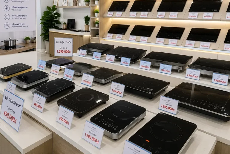 Các mẫu bếp điện từ với nhiều mức giá từ phổ thông đến cao cấp tại showroom