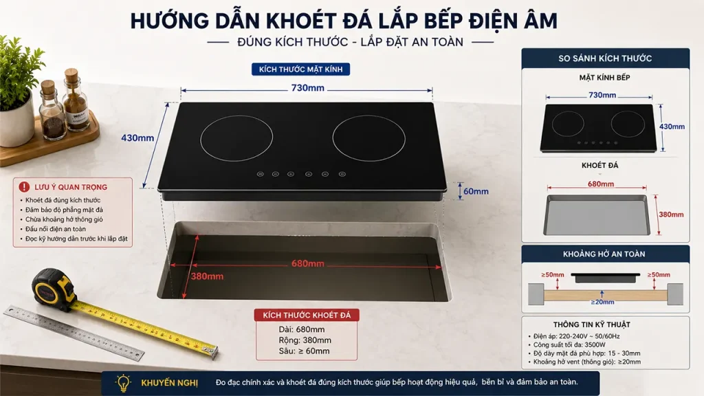 Minh họa kích thước khoét đá cho bếp điện âm với các thông số chiều dài và chiều rộng