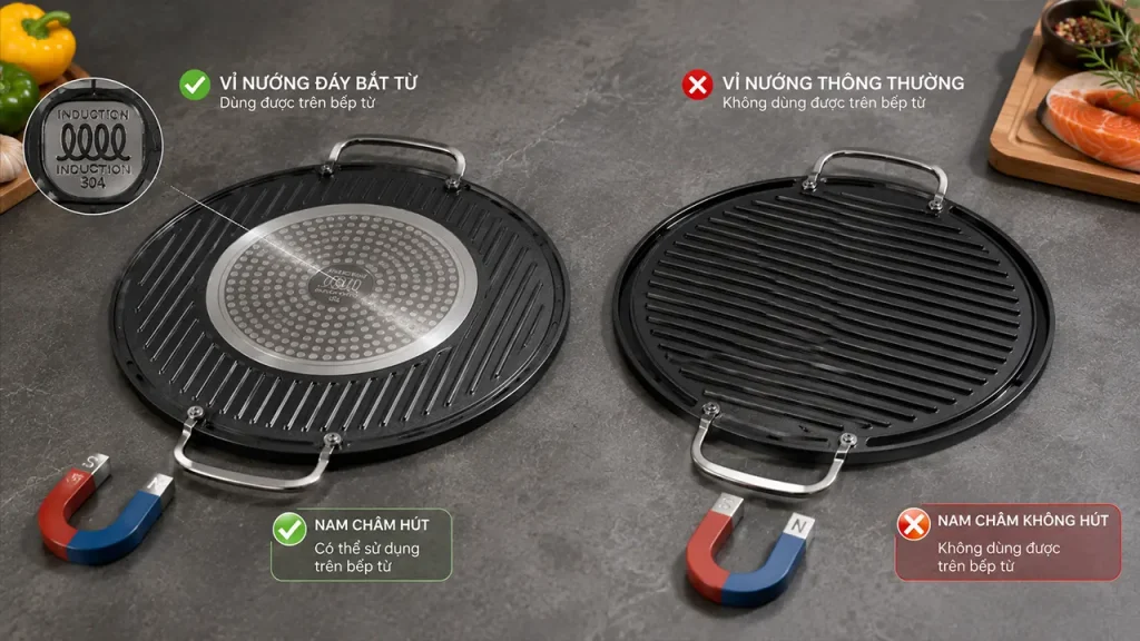 So sánh vỉ nướng phù hợp và không phù hợp với bếp từ