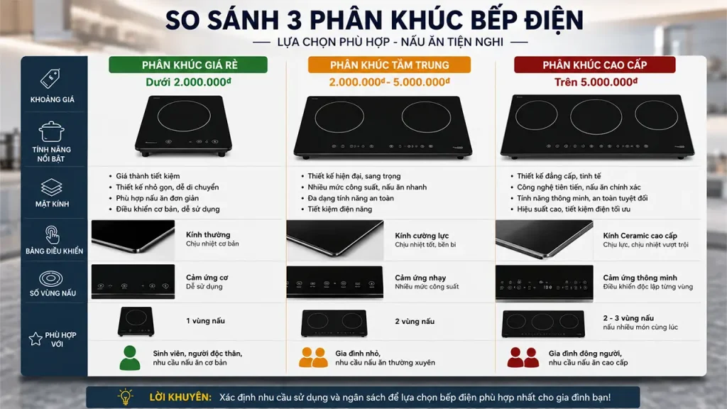 So sánh bếp điện giá rẻ, tầm trung và cao cấp theo thương hiệu và tính năng