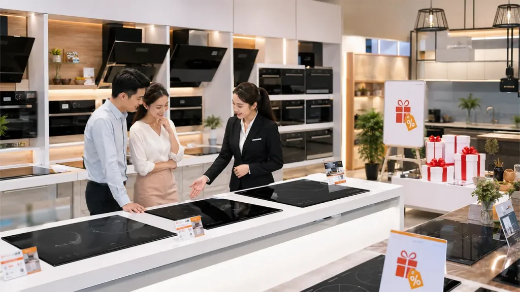 Khách hàng tham khảo và so sánh giá bếp điện từ tại showroom