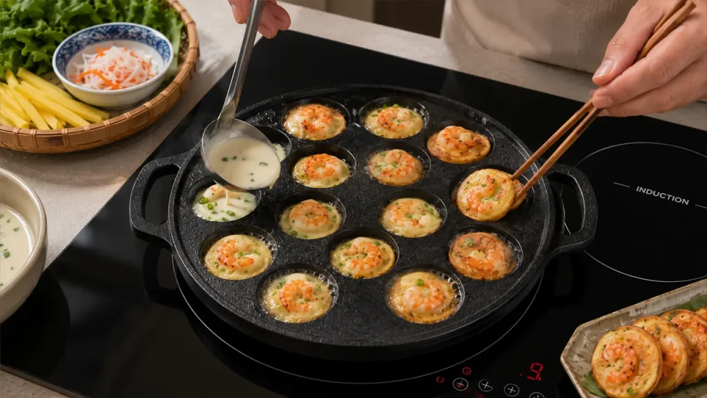 Bánh khọt đang nướng trên khuôn bếp từ