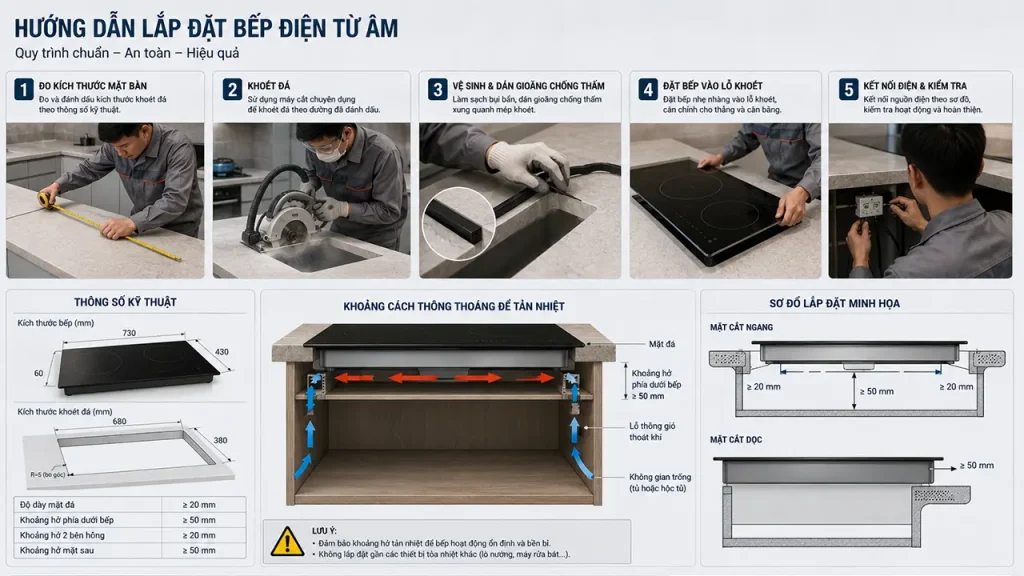 Kỹ thuật viên lắp đặt bếp điện từ âm và đo kích thước khoét đá mặt bếp