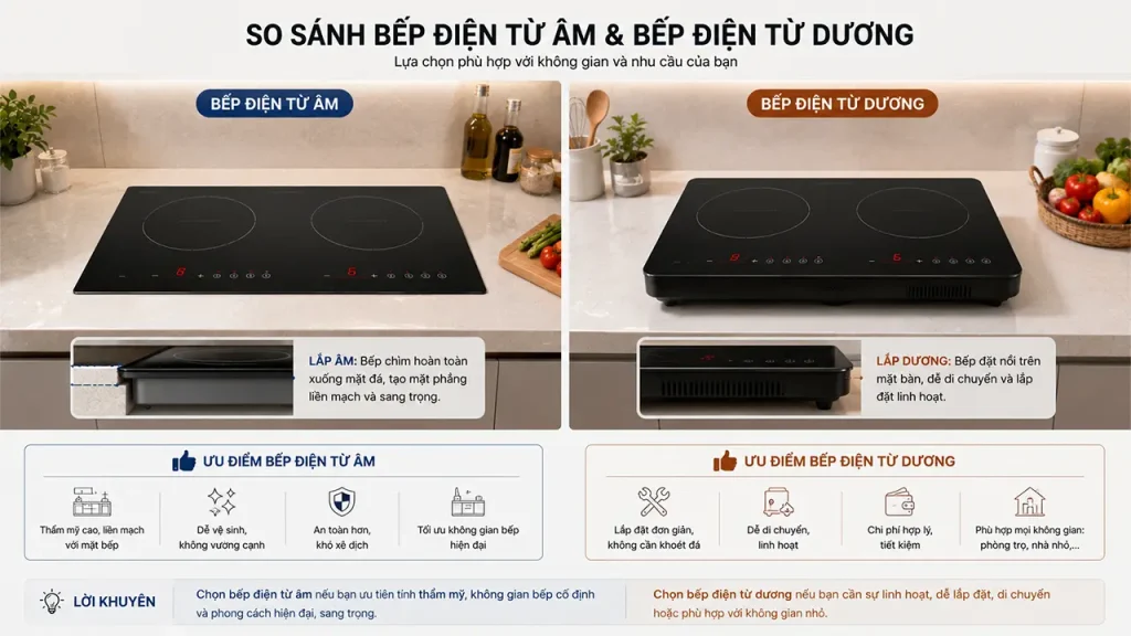 So sánh bếp điện từ âm và bếp điện từ dương về cách lắp đặt và thiết kế