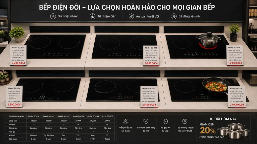 Bếp điện đôi có nhiều mức giá tùy theo thương hiệu, công nghệ và tính năng.