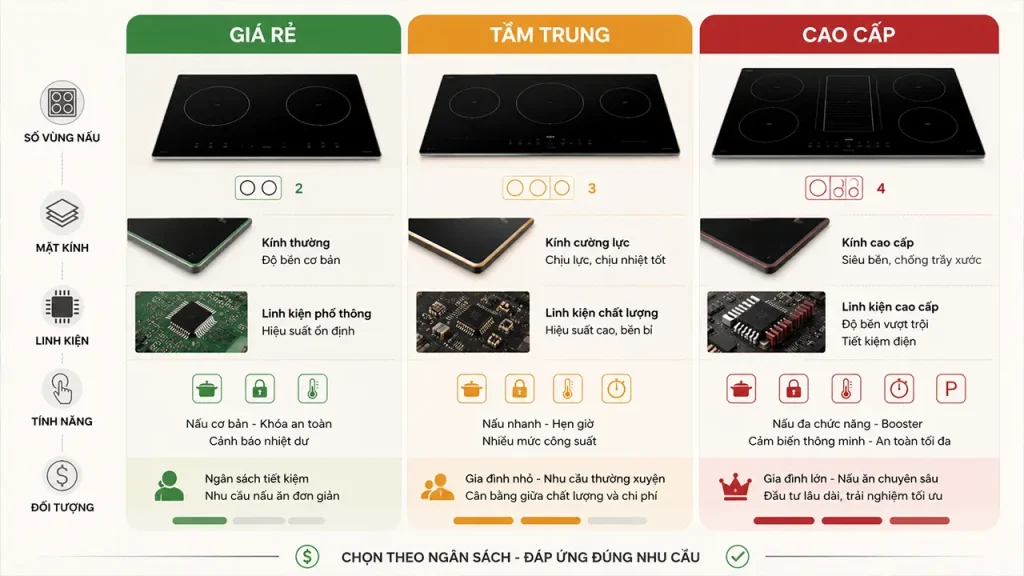 So sánh bếp điện từ giá rẻ, tầm trung và cao cấp