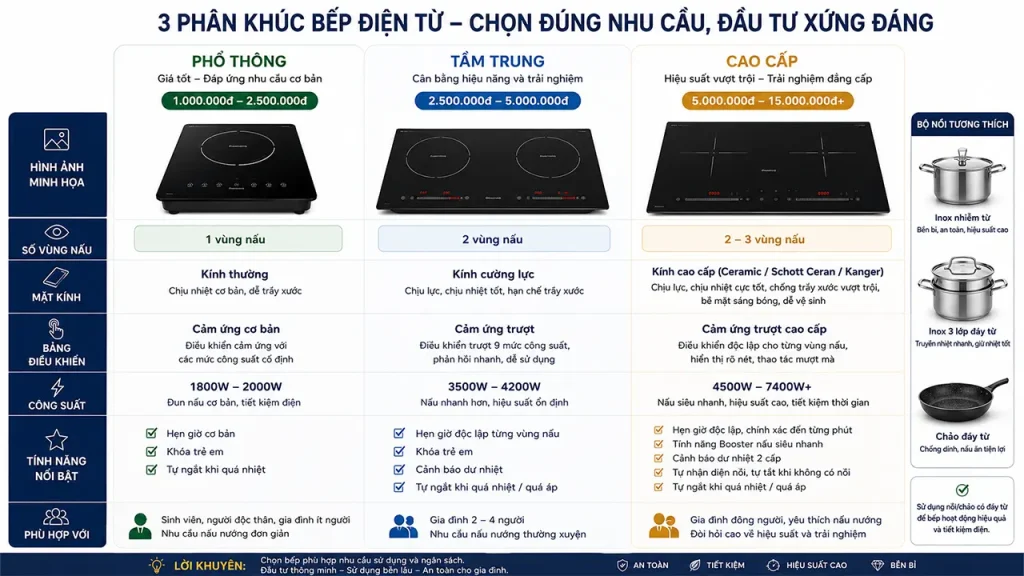 So sánh bếp điện từ giá rẻ, tầm trung và cao cấp theo thương hiệu và tính năng