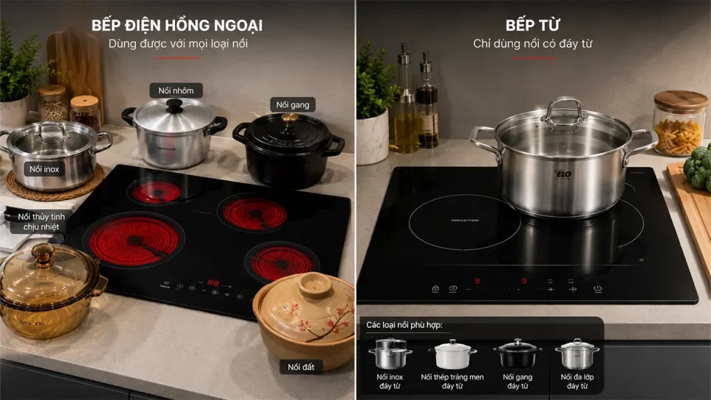 So sánh bếp điện và bếp từ về khả năng sử dụng các loại nồi