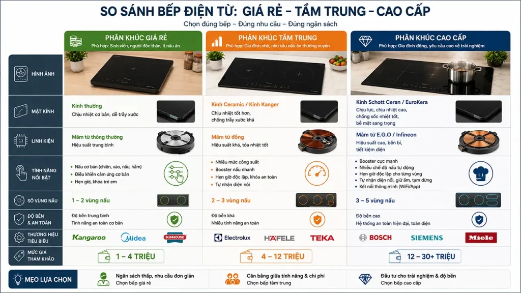 So sánh giá bếp điện từ đơn, đôi và bếp điện từ âm