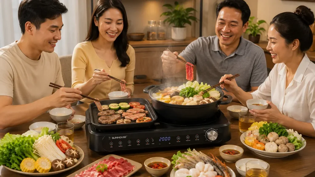 Gia đình sử dụng bếp điện đa năng trong bữa ăn hằng ngày