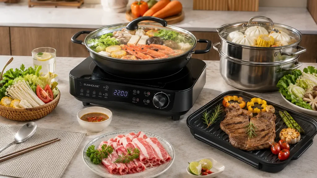 Bếp điện đa năng đáp ứng nhiều nhu cầu nấu nướng trong gia đình.