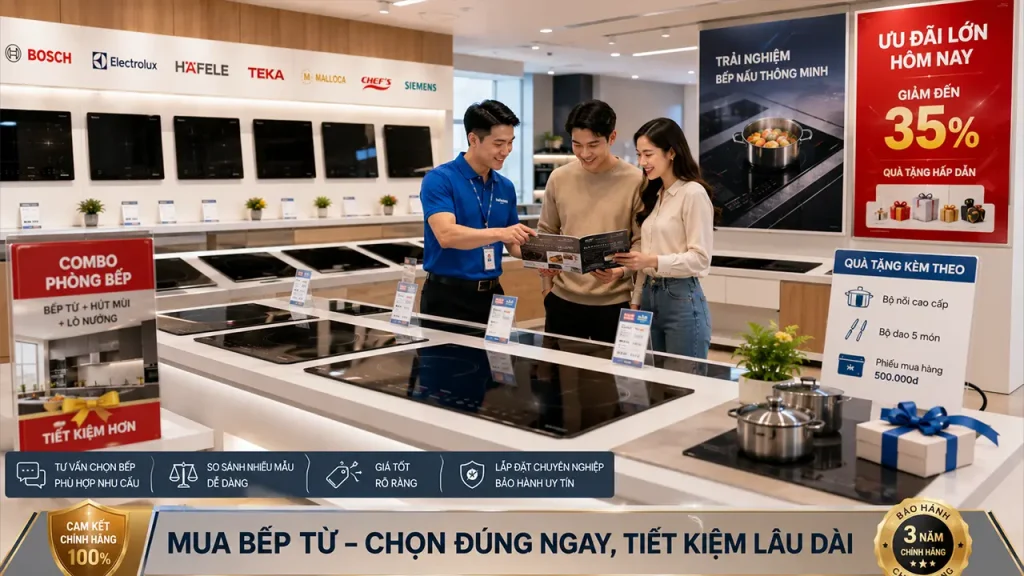Nhân viên tư vấn khách hàng lựa chọn bếp điện từ phù hợp ngân sách