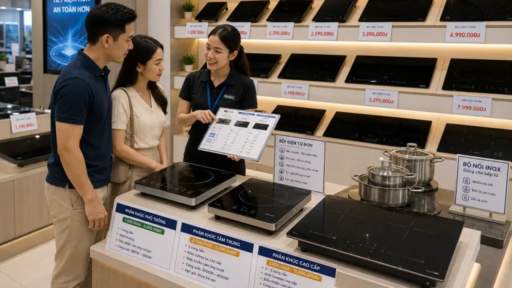 Khách hàng được tư vấn chọn mua bếp điện từ theo nhu cầu và ngân sách