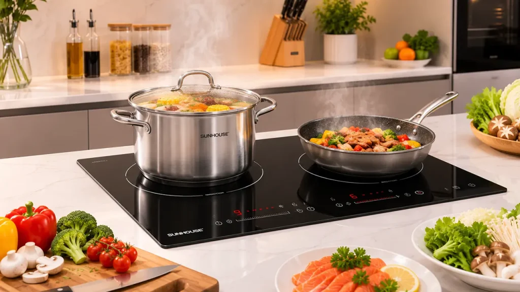Không gian bếp hiện đại sử dụng bếp điện âm