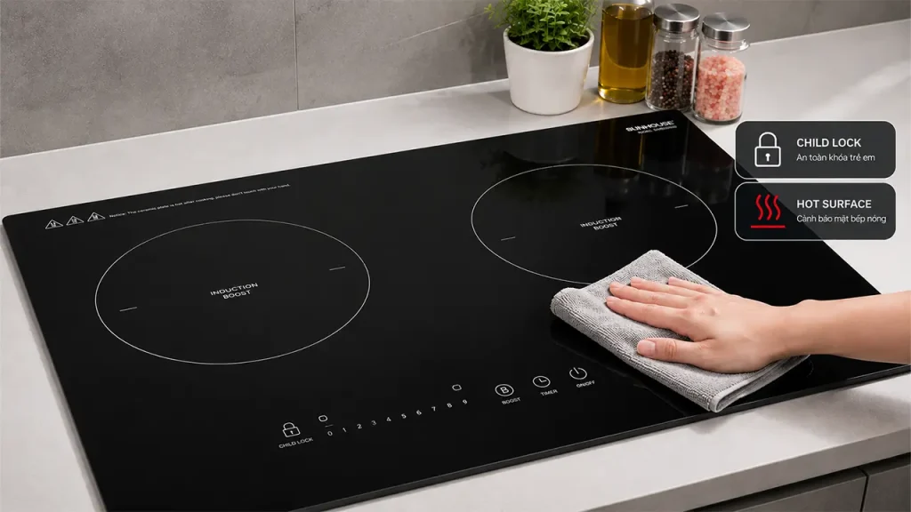 Vệ sinh bếp điện sau khi sử dụng giúp thiết bị luôn sạch sẽ và bền hơn.