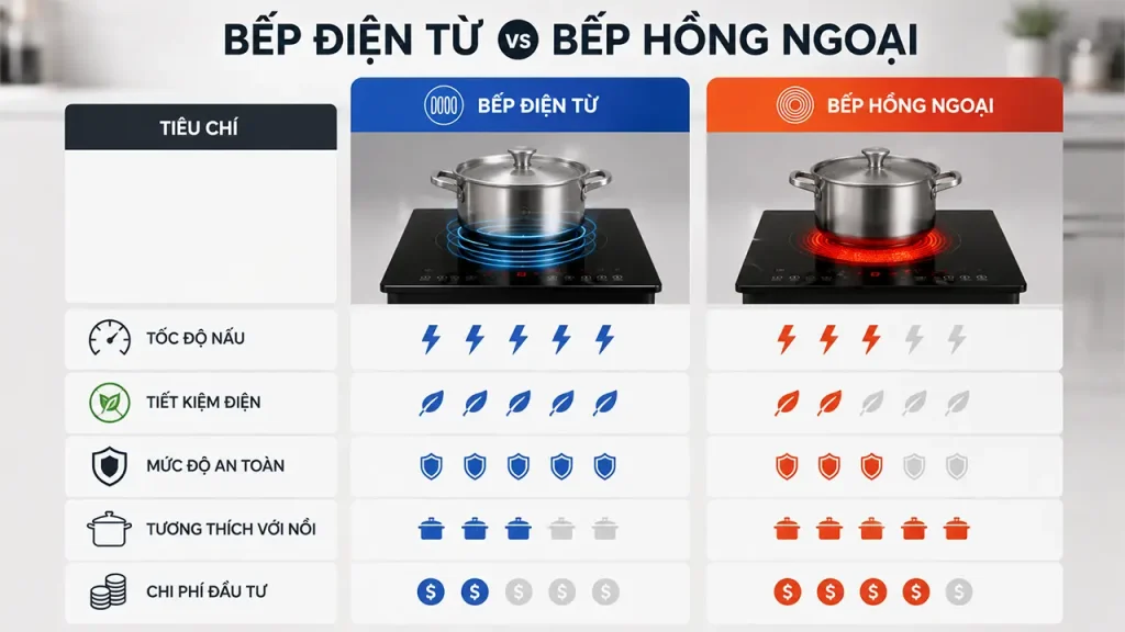Infographic so sánh bếp điện từ và bếp hồng ngoại