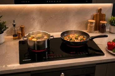 Bếp điện đôi với hai vùng nấu độc lập trong gian bếp hiện đại