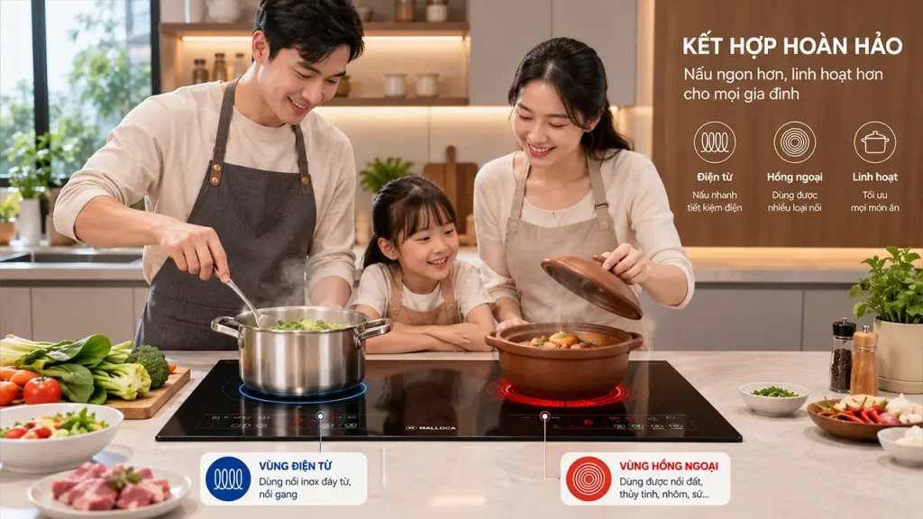 Bếp kết hợp điện từ và hồng ngoại trong căn bếp hiện đại