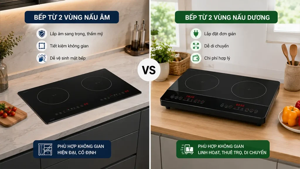 So sánh bếp từ 2 vùng nấu âm và bếp từ 2 vùng nấu dương