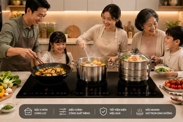 Gia đình sử dụng bếp từ 3 vùng nấu để chế biến nhiều món ăn