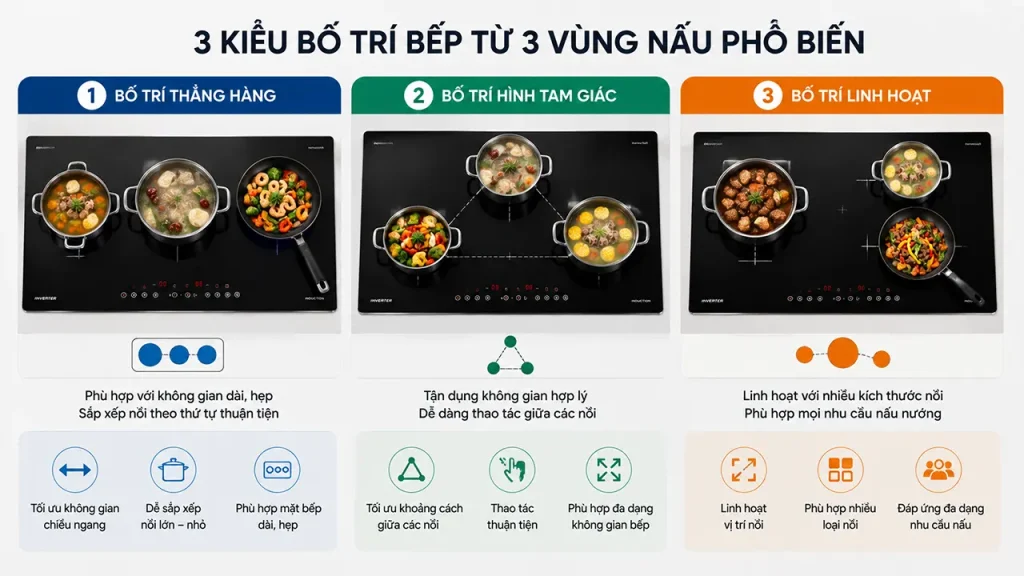 Các kiểu bố trí vùng nấu trên bếp từ 3 vùng nấu