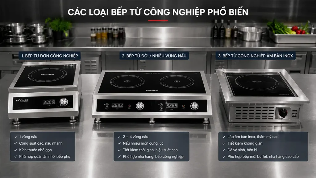 Các loại bếp từ công nghiệp đơn, đôi và âm bàn