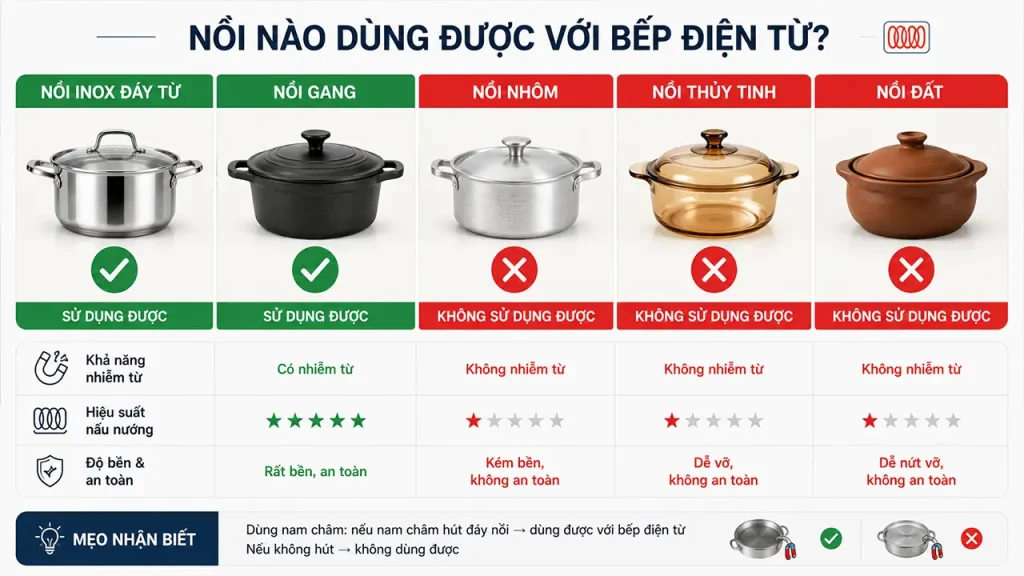 So sánh các loại nồi dùng được và không dùng được cho bếp điện từ