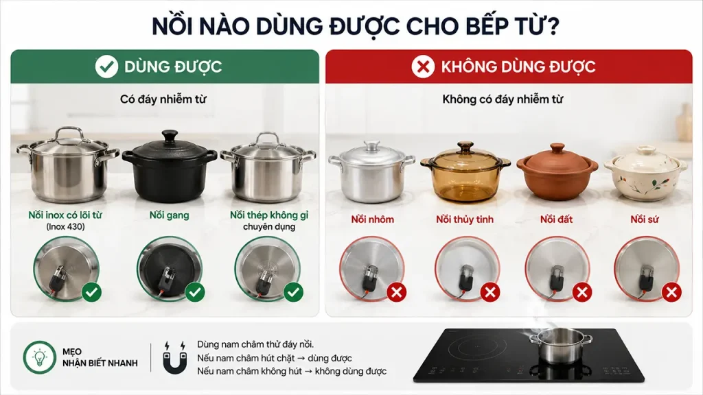 Các loại nồi phù hợp và không phù hợp với bếp từ