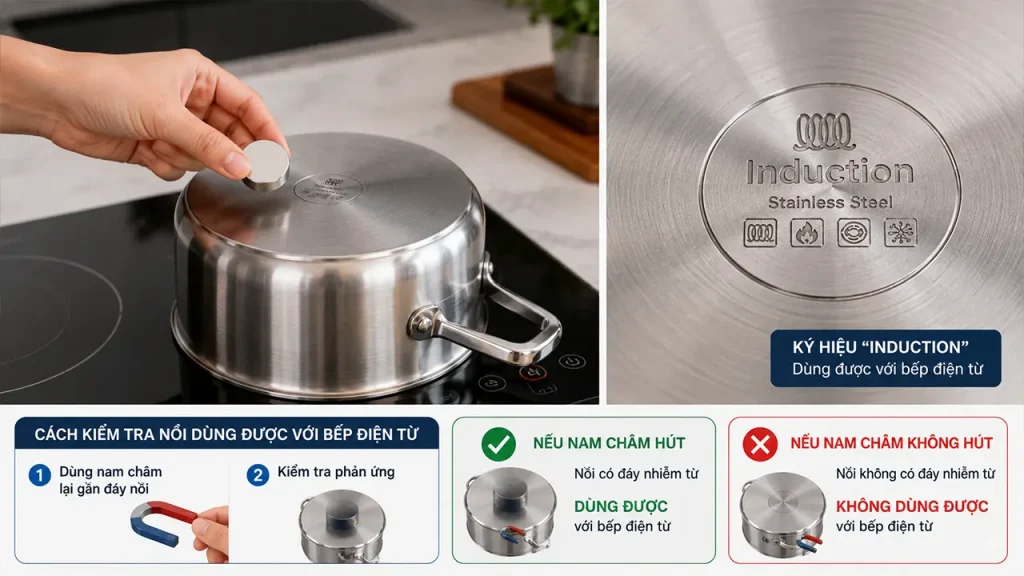 Kiểm tra đáy nồi bằng nam châm để biết có dùng được cho bếp điện từ