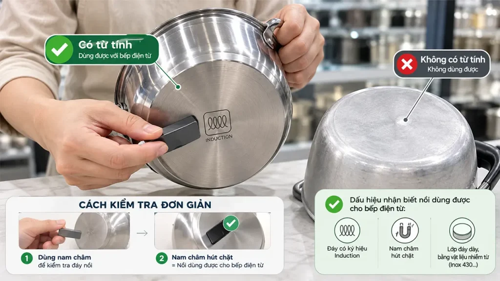 Kiểm tra nồi dùng được cho bếp điện từ bằng nam châm