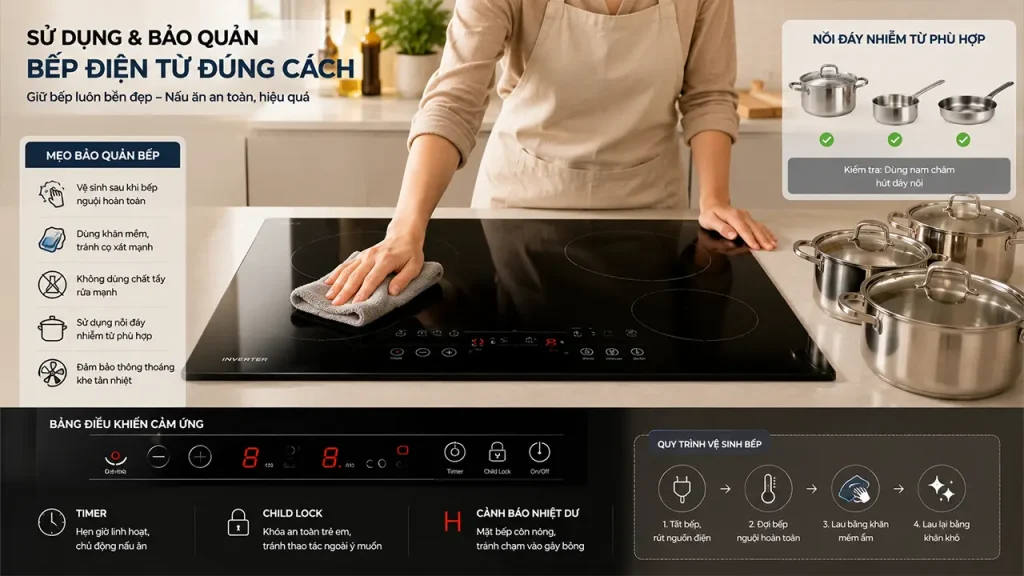 Người dùng vệ sinh và bảo quản bếp điện từ đúng cách