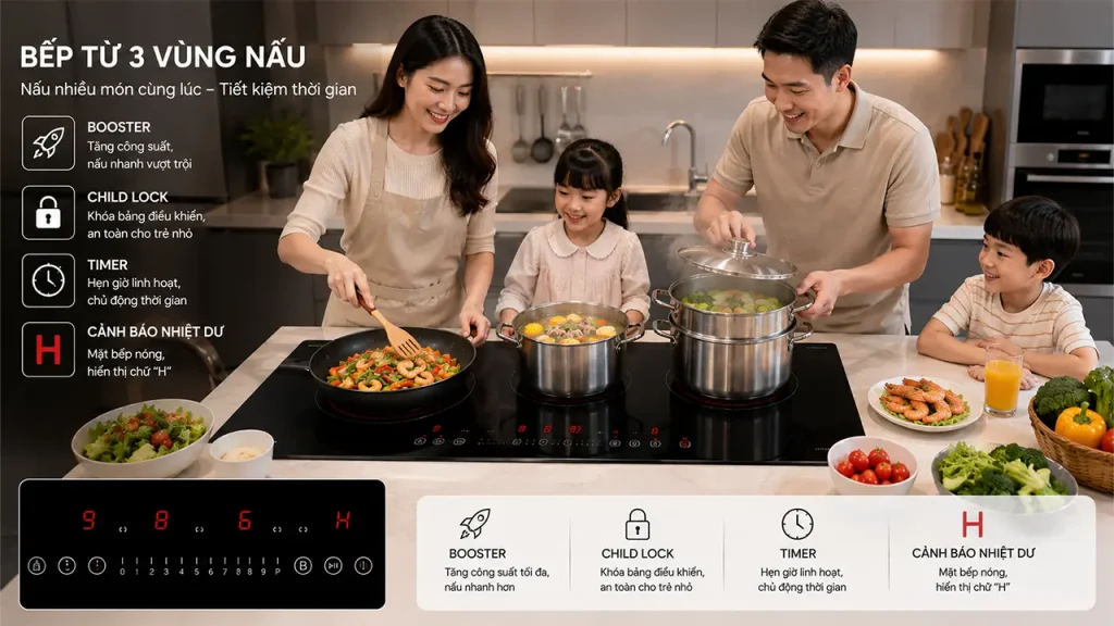 Gia đình sử dụng bếp từ 3 vùng nấu đúng cách và an toàn