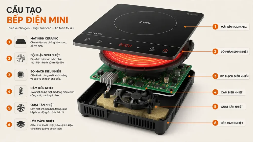 Cấu tạo của bếp điện mini với các bộ phận chính