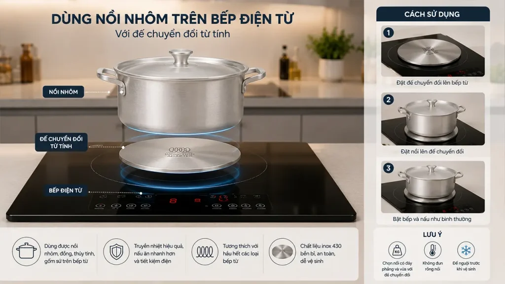 Đế chuyển đổi từ tính giúp sử dụng nồi nhôm trên bếp điện từ