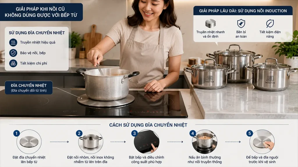 Sử dụng đĩa chuyển nhiệt khi nồi không tương thích với bếp điện từ