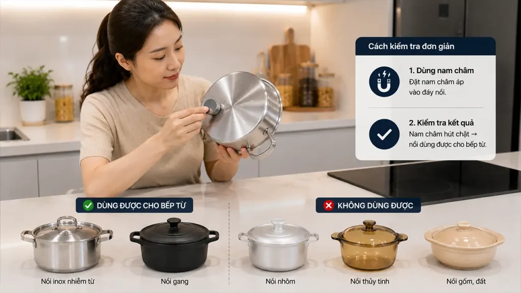 Kiểm tra đáy nồi có nhiễm từ bằng nam châm