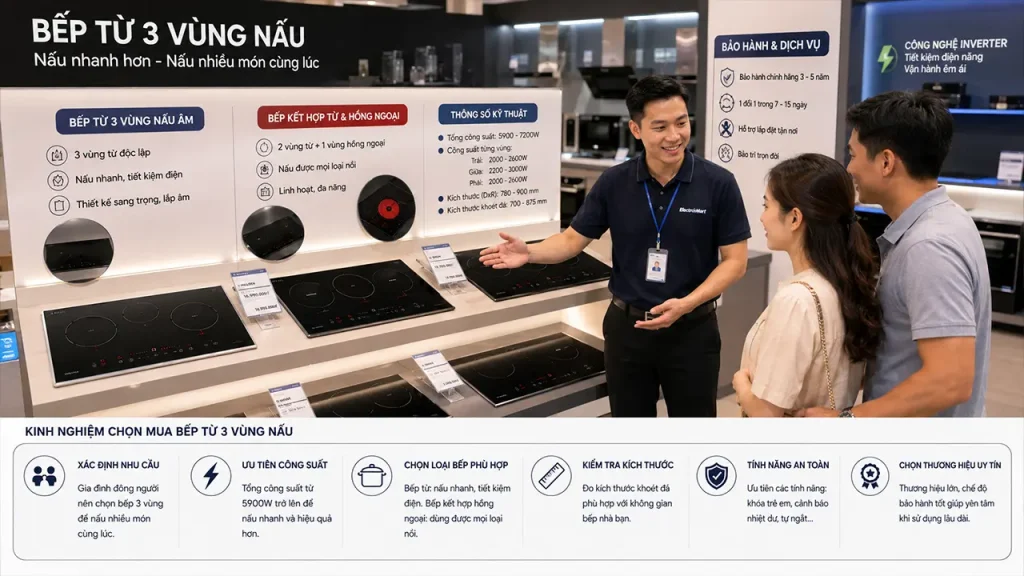 Khách hàng chọn mua bếp từ 3 vùng nấu tại showroom