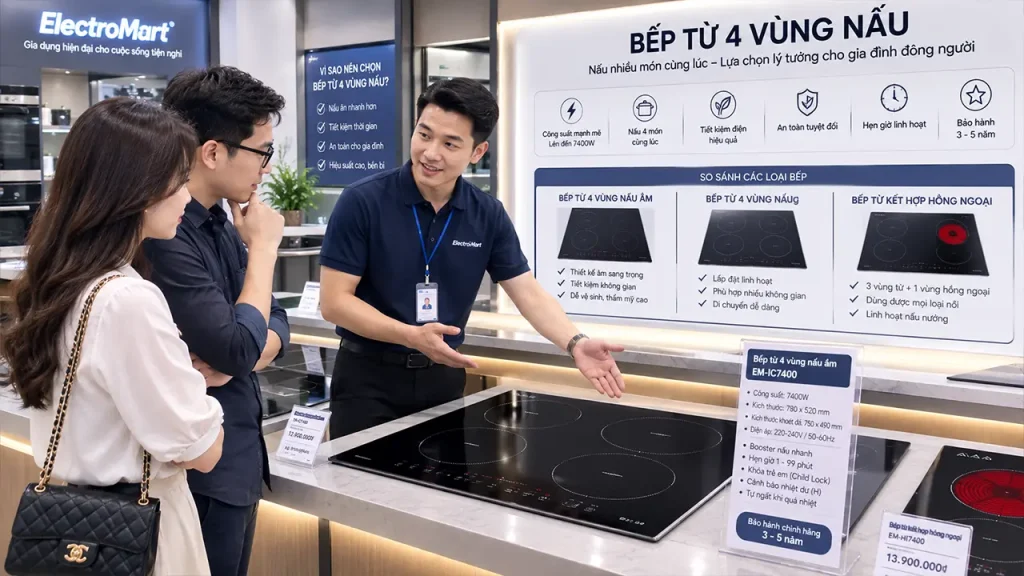 Khách hàng tham khảo bếp từ 4 vùng nấu tại showroom