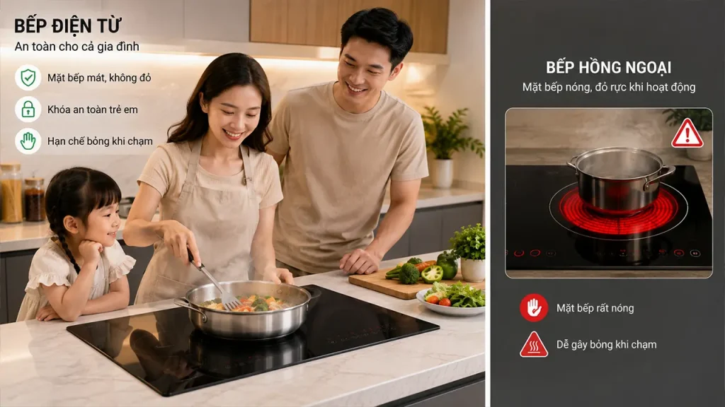Gia đình sử dụng bếp điện từ an toàn trong gian bếp hiện đại