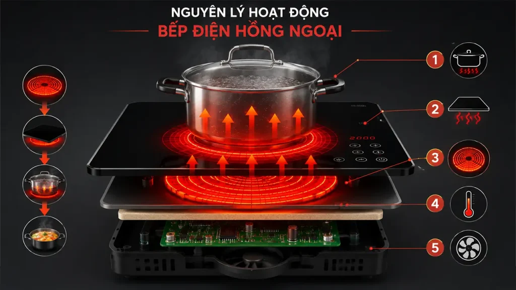 Minh họa nguyên lý hoạt động của bếp điện hồng ngoại
