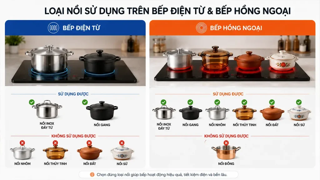 Các loại nồi phù hợp với bếp điện từ và bếp hồng ngoại
