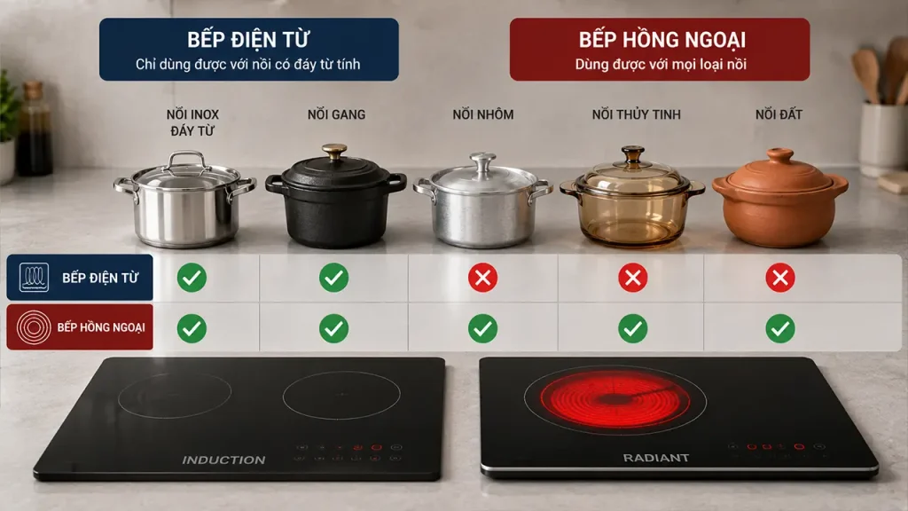 Các loại nồi sử dụng với bếp điện từ và bếp hồng ngoại